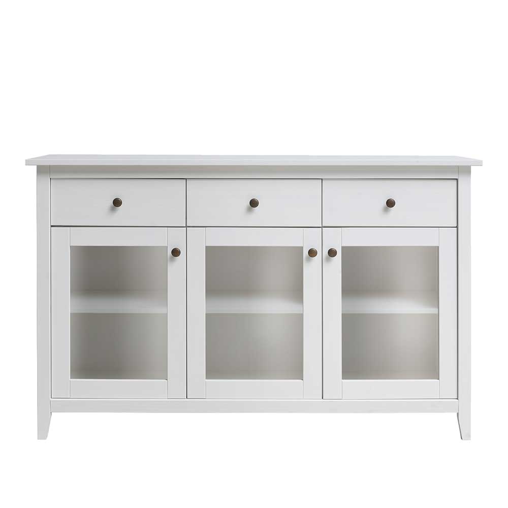 Glastüren Sideboard Brostian aus Kiefer Massivholz in Weiß