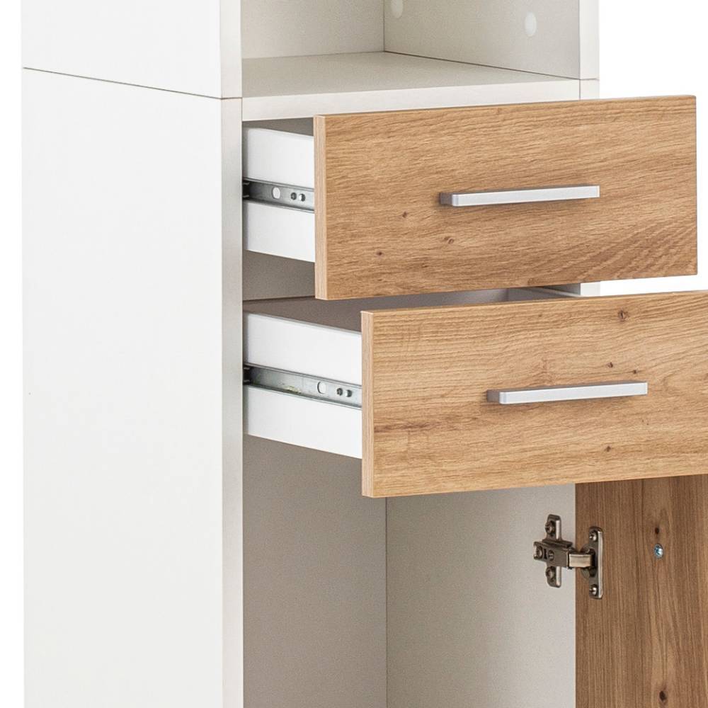 Badezimmer Hochschrank Cisanda in Wildeichefarben und Weiß matt