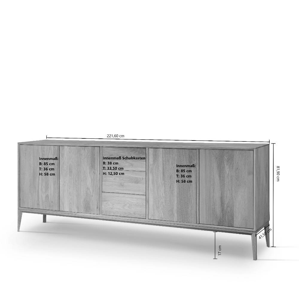Sidebord Belafoma aus Eiche Massivholz mit drei Schubladen
