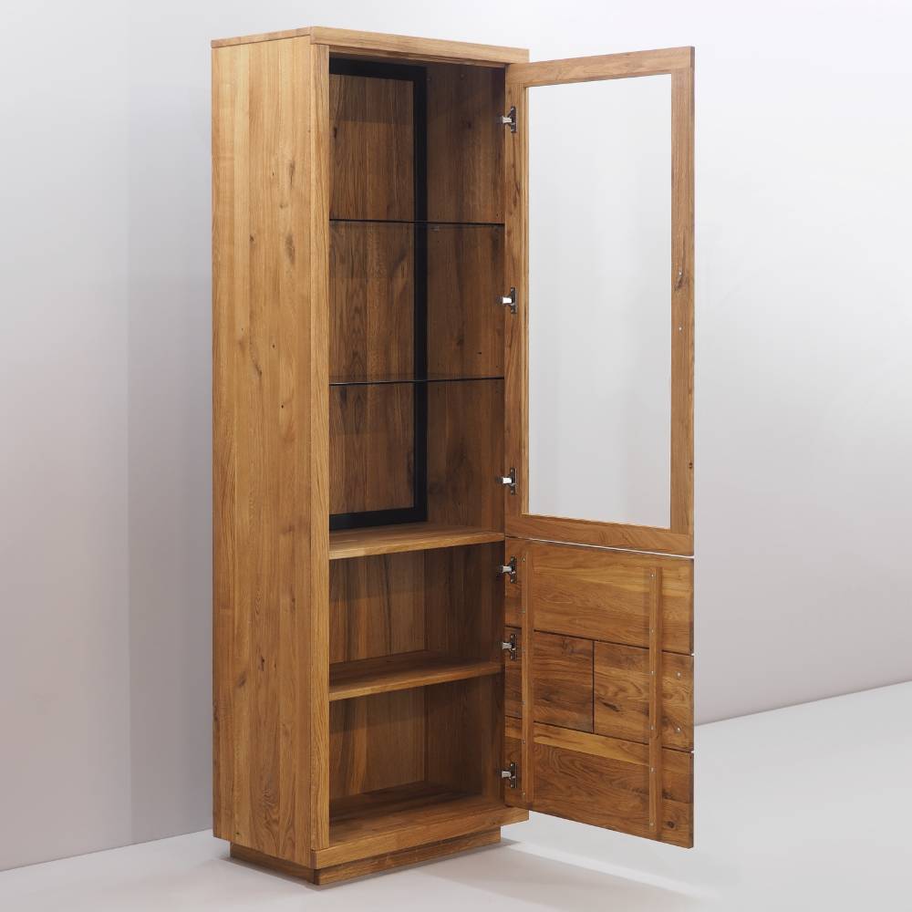 Stauraumvitrine Lasito aus Eiche Massivholz mit Hirnholz Applikation