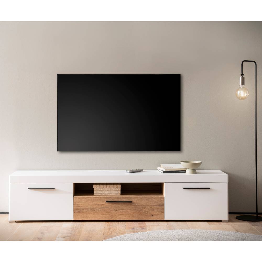 Wohnzimmer Anbauwand Vrenessa in Weiß matt und Eichefarben (dreiteilig)