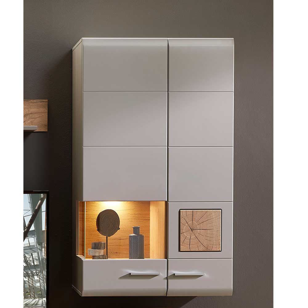Wandvitrine Accadira in Grau und Eiche Optik mit LED Beleuchtung