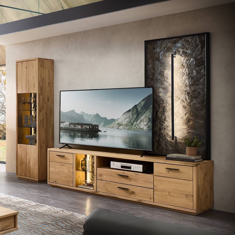 Fernseher Schrankwand Ostoro in Wildeiche Bianco - modernes Design (dreiteilig)