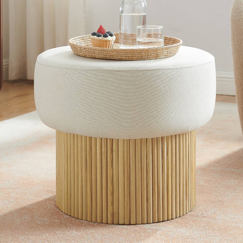Skandi Design Polsterhocker Scotias in runder Form mit Truhe