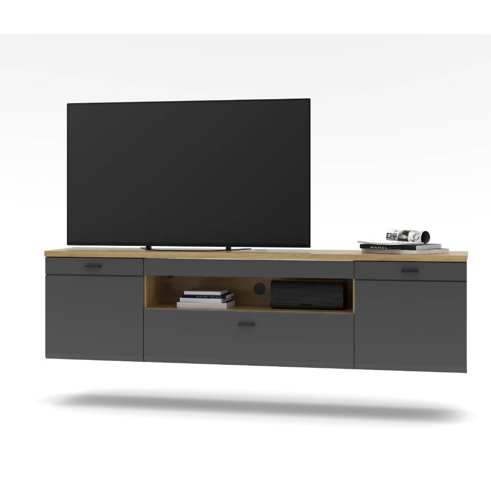 Wohnwand modern Yarisis Wandmontage in Wildeichefarben & Dunkelgrau (achtteilig)
