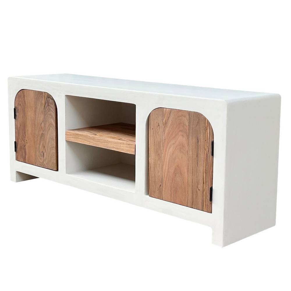 TV Board Janyna mit Struktur Kalkputz und Massivholz Türen