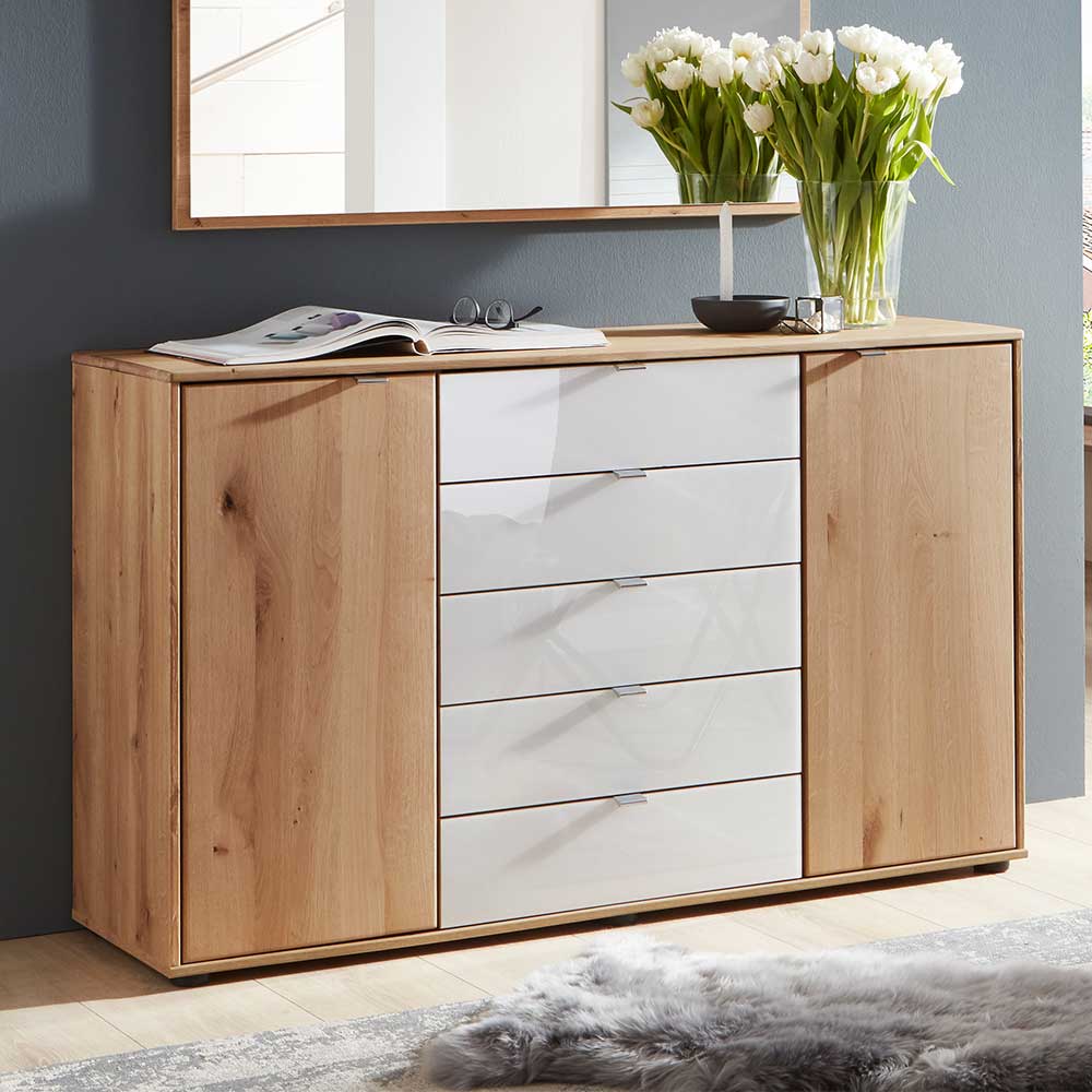 Esszimmersideboard Durac Schubladen glasbeschichtet in Eiche Bianco & Weiß