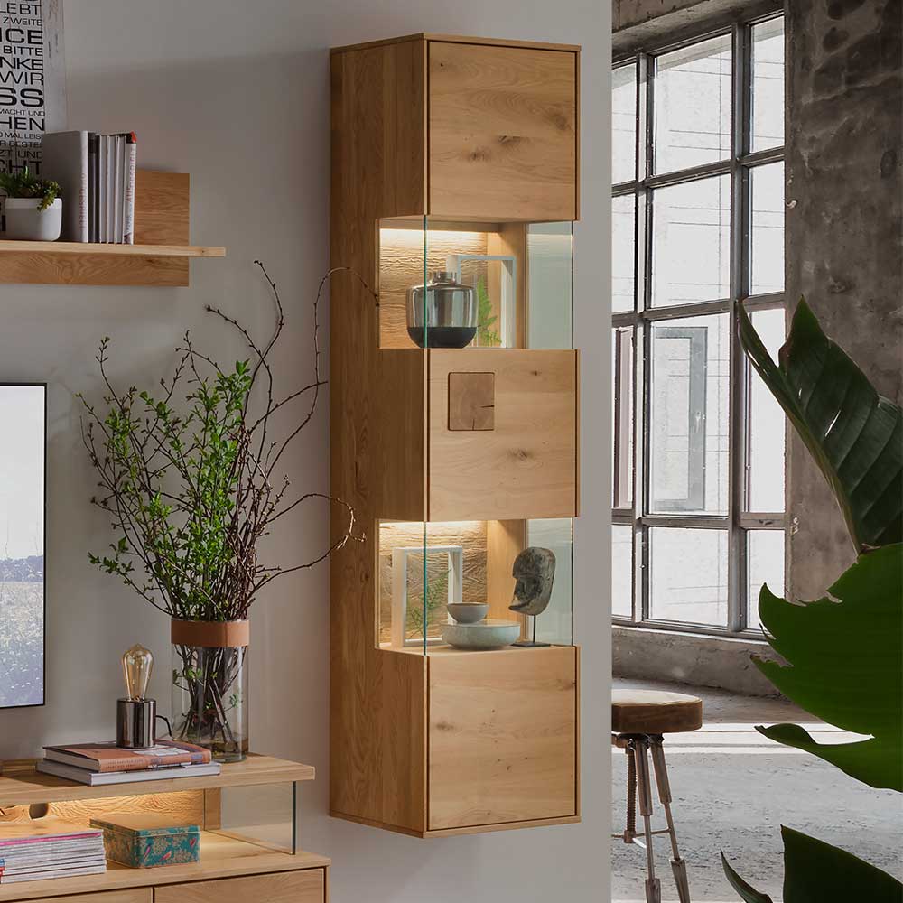 Wand Vitrine Onitos aus Wildeiche Massivholz 169 cm hoch