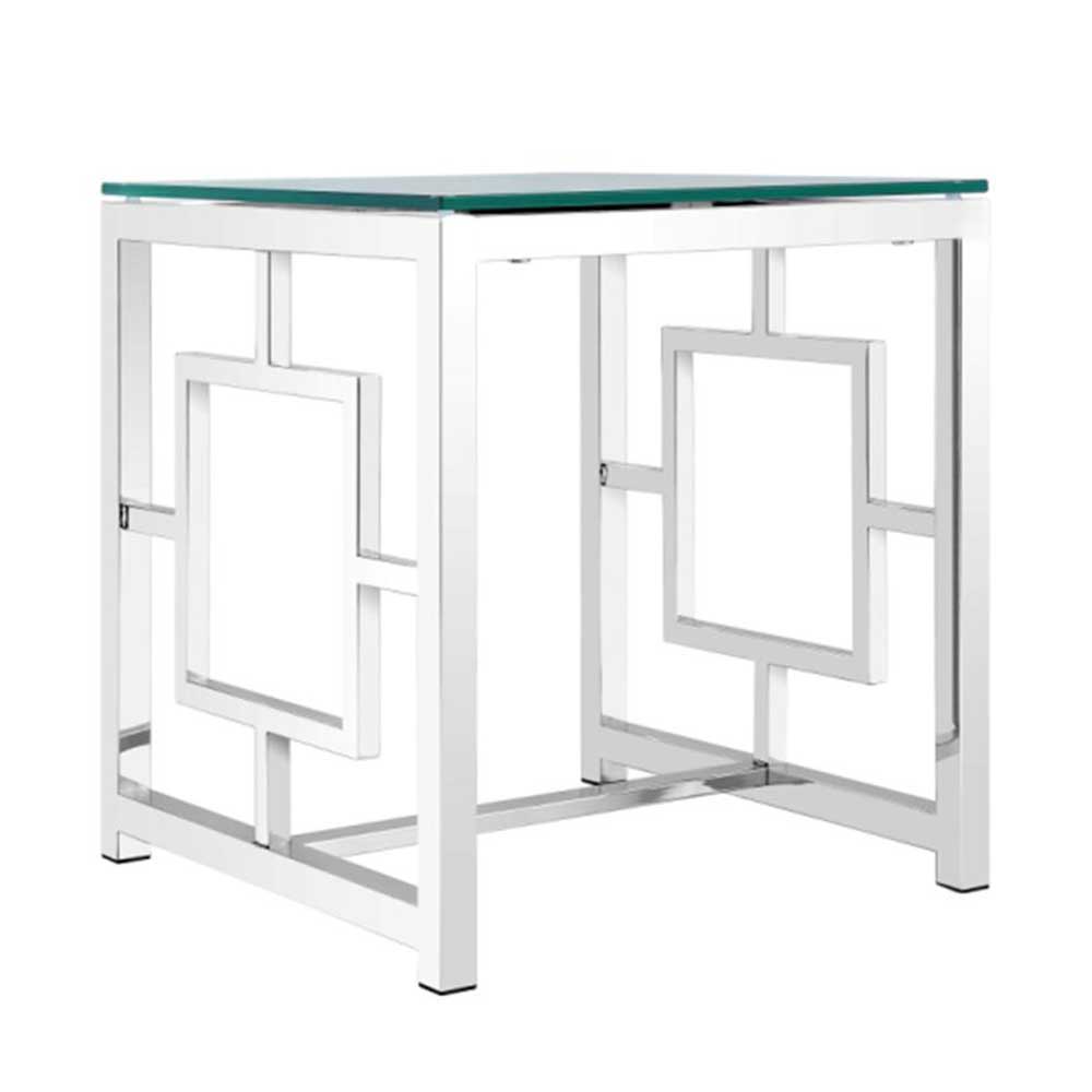 Designtisch Voprium mit Klarglasplatte und poliertem Edelstahlgestell