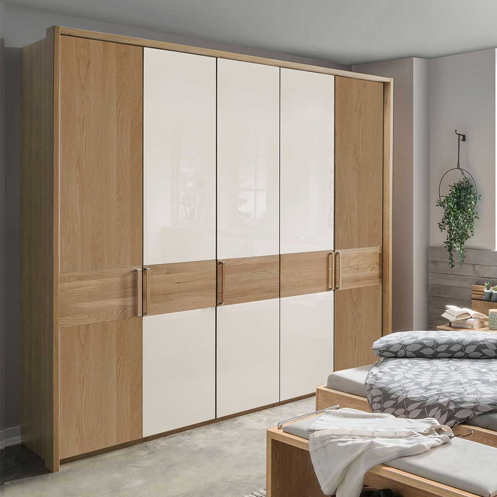 Kleiderschrank Veyfas in Beige und Eiche mit Glas beschichtet