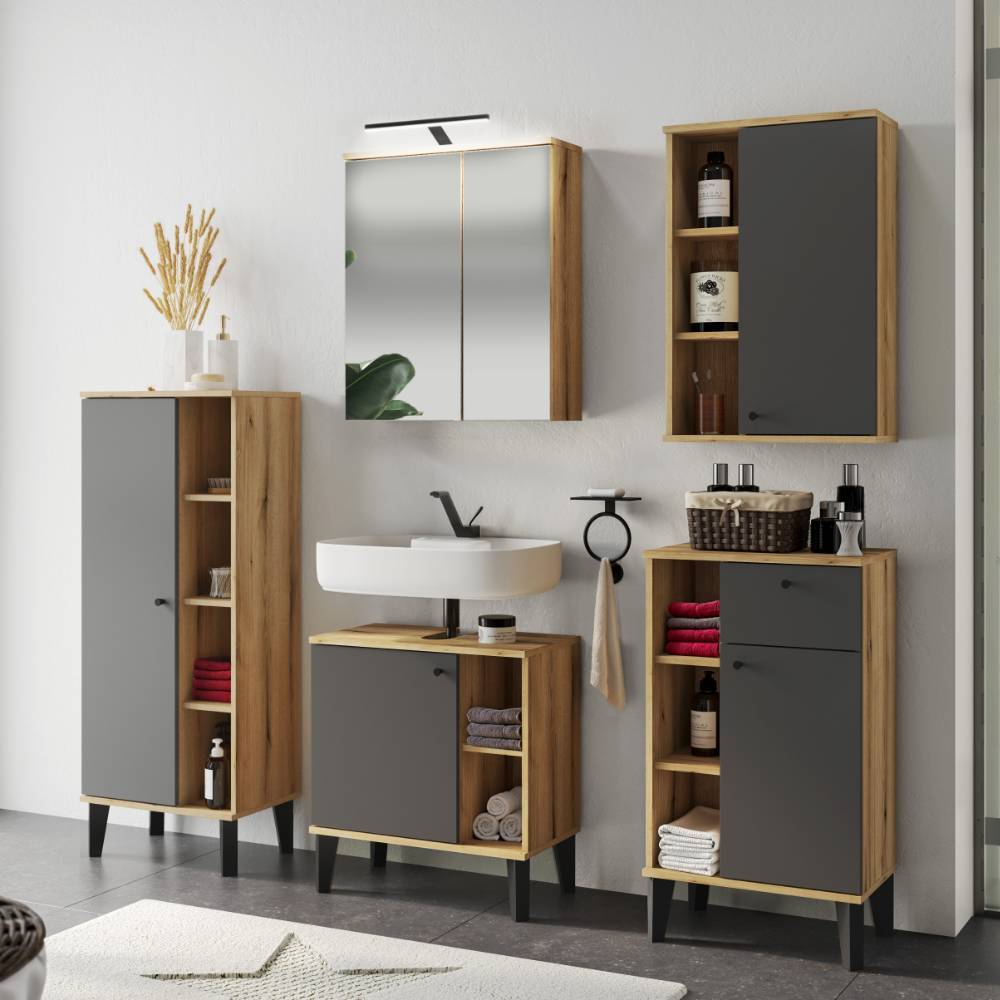Modernes Badezimmermöbel Set Pattinos 33 cm tief mit LED Beleuchtung (fünfteilig)