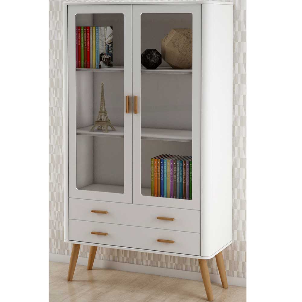 Schrank Vitrine Masuyo im Skandi Design in Eichefarben und Weiß