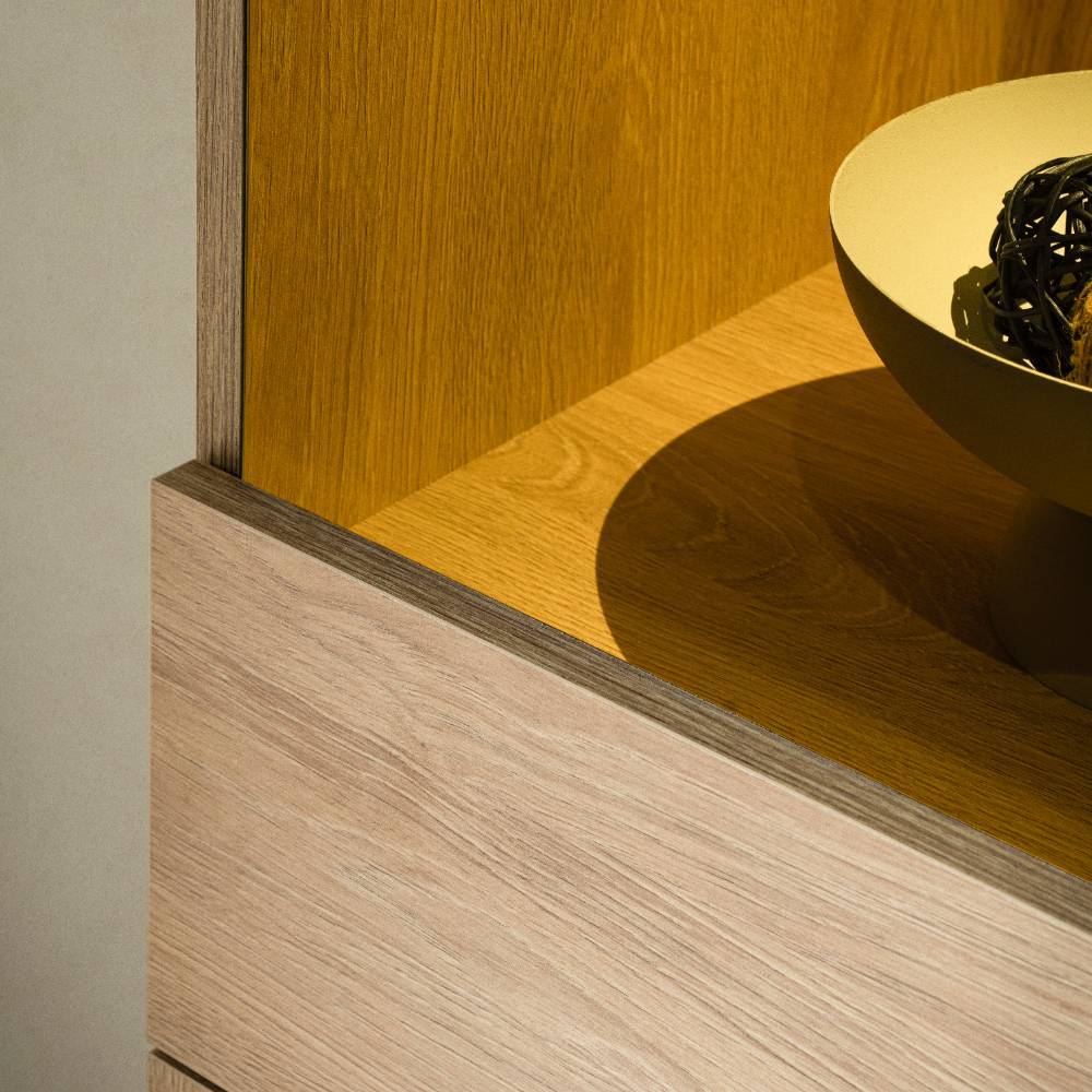 Design Wohnwand Carno in Eiche Stone 258 cm breit (zweiteilig)