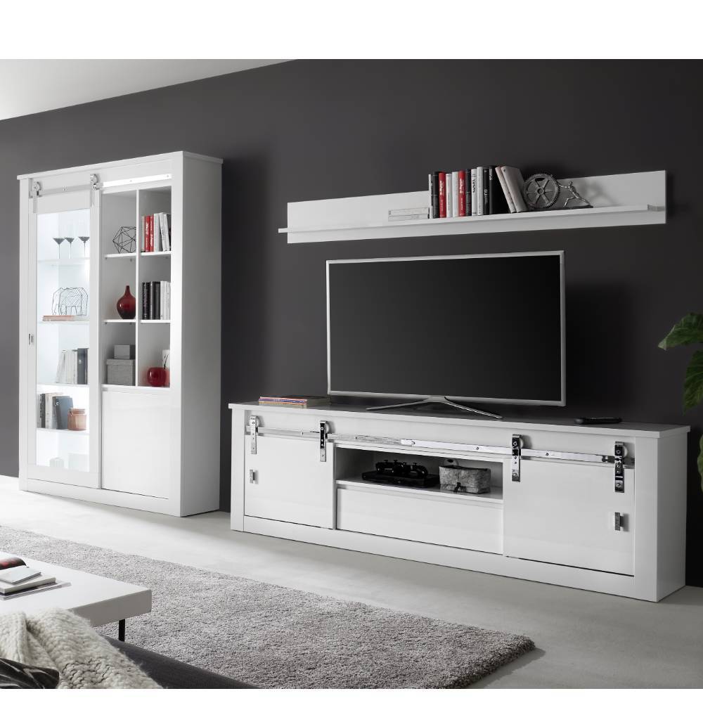 TV Wohnwand Melvyno Hochglanz Front in Weiß (dreiteilig)