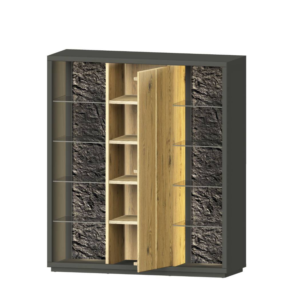 Wohnzimmer Highboard Ostoro in Schwarzgrau und Wildeiche Bianco
