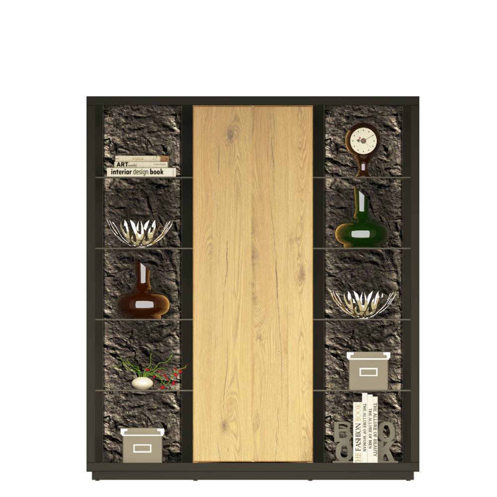 Wohnzimmer Highboard Ostoro in Schwarzgrau und Wildeiche Bianco