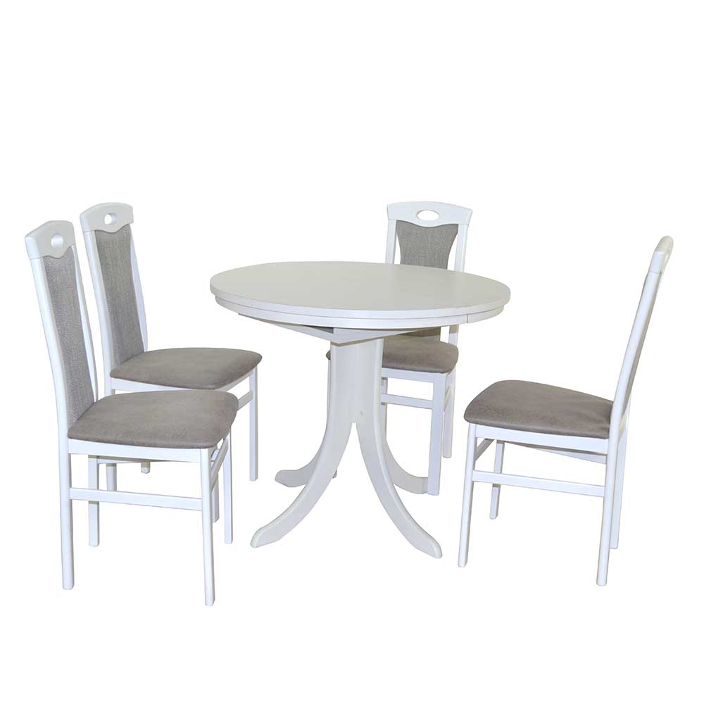 Esszimmer Garnitur Cestrina in Weiß & Grau mit rundem Tisch (fünfteilig)