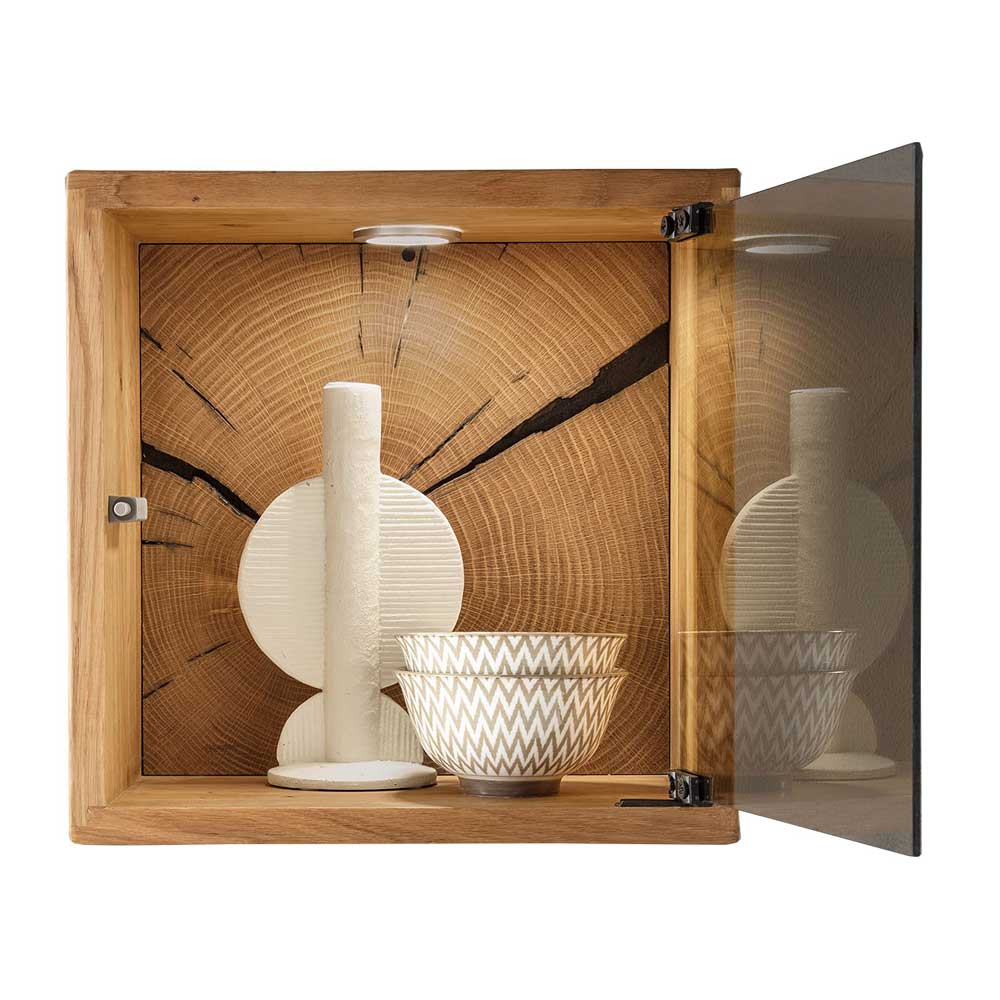 Kleine Hängevitrine Camilla aus Wildeiche Massivholz mit Glastür