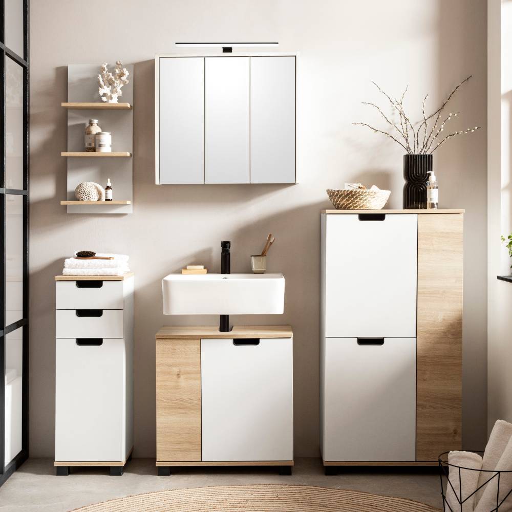 Badmidischrank Desancto in Weiß matt und Weißeiche Nachbildung