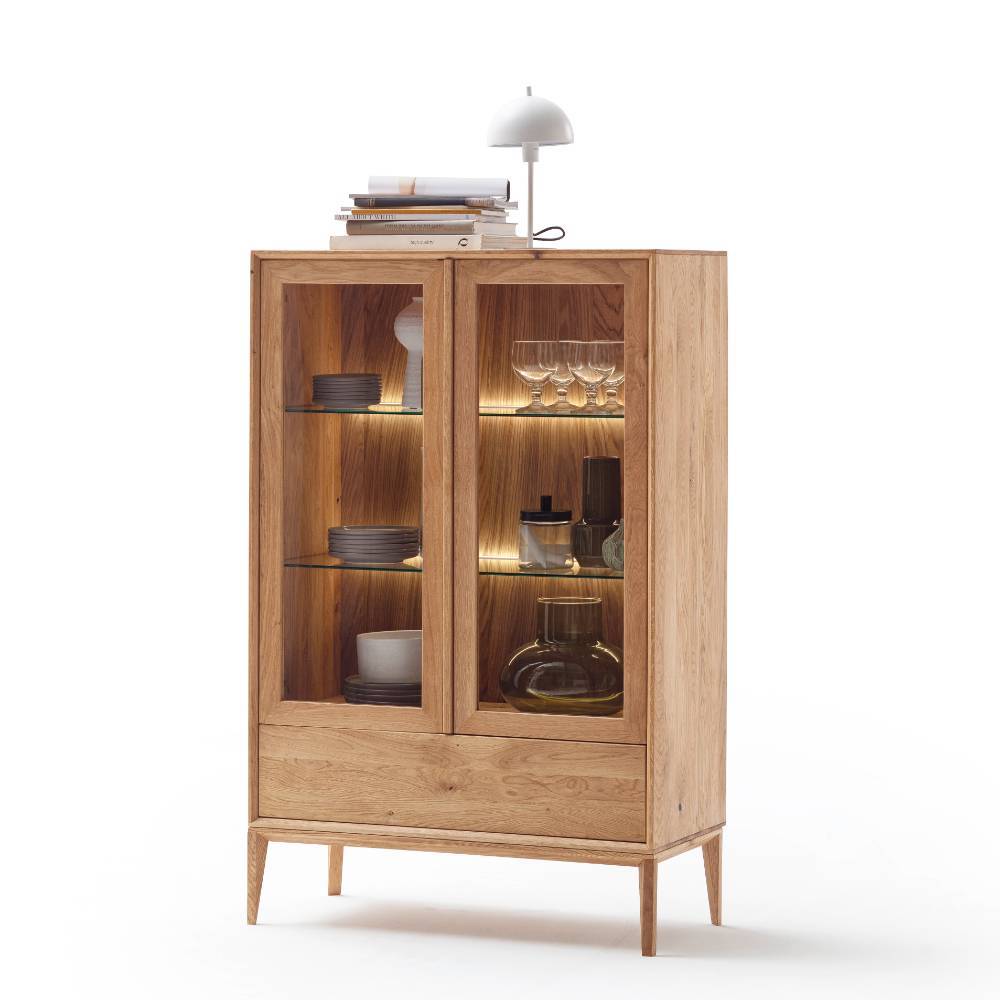 Wohnzimmervitrine modern Belafoma aus Eiche Massivholz mit LED Beleuchtung