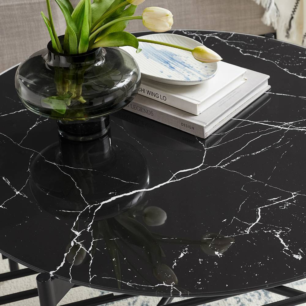 Designercouchtisch Jamaica aus bedrucktem Glas im Retrostil