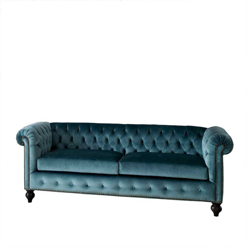 Chesterfield Couch Sinkala in Petrol Samt 205 cm breit