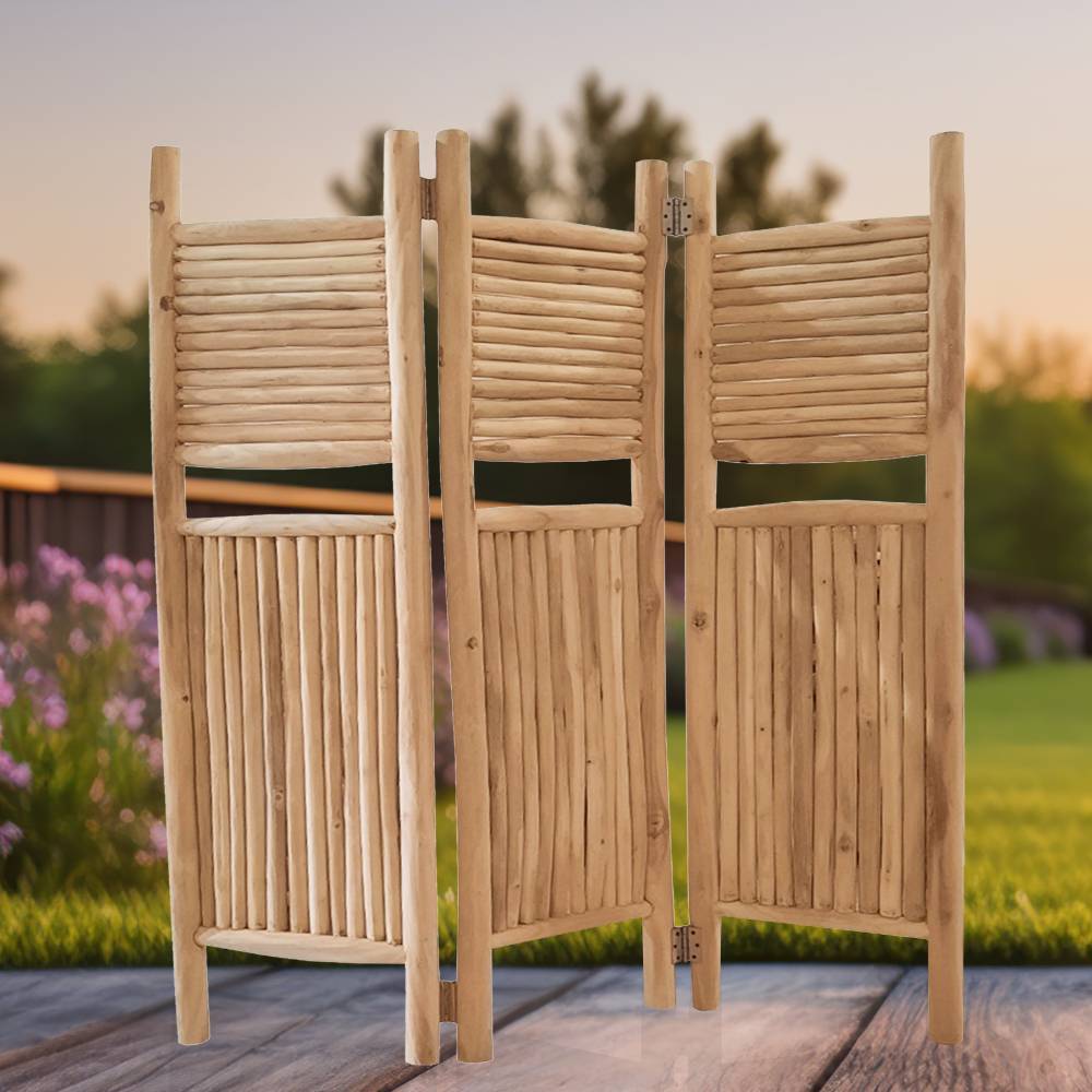 Outdoor Paravent Haikira aus Teak Massivholz mit drei Elementen