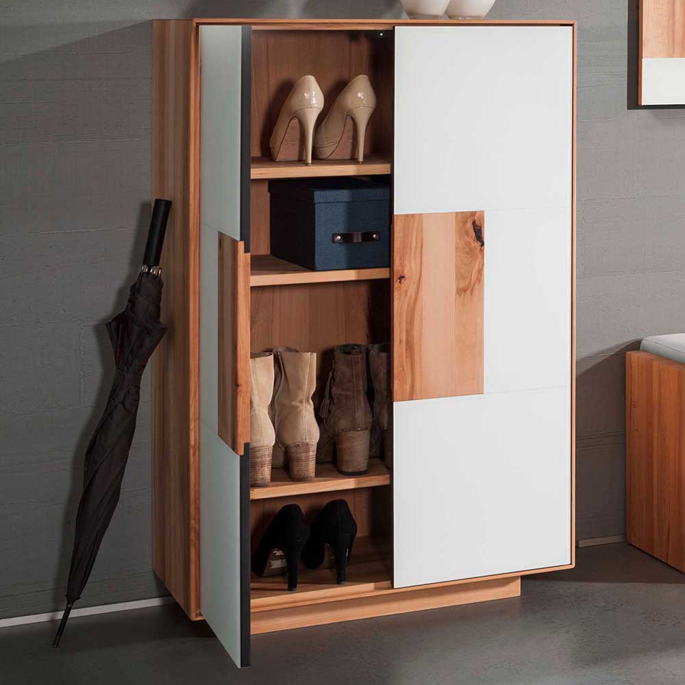 Flurmöbelset Cliva in Weiß mit Kernbuche Massivholz modern (vierteilig)