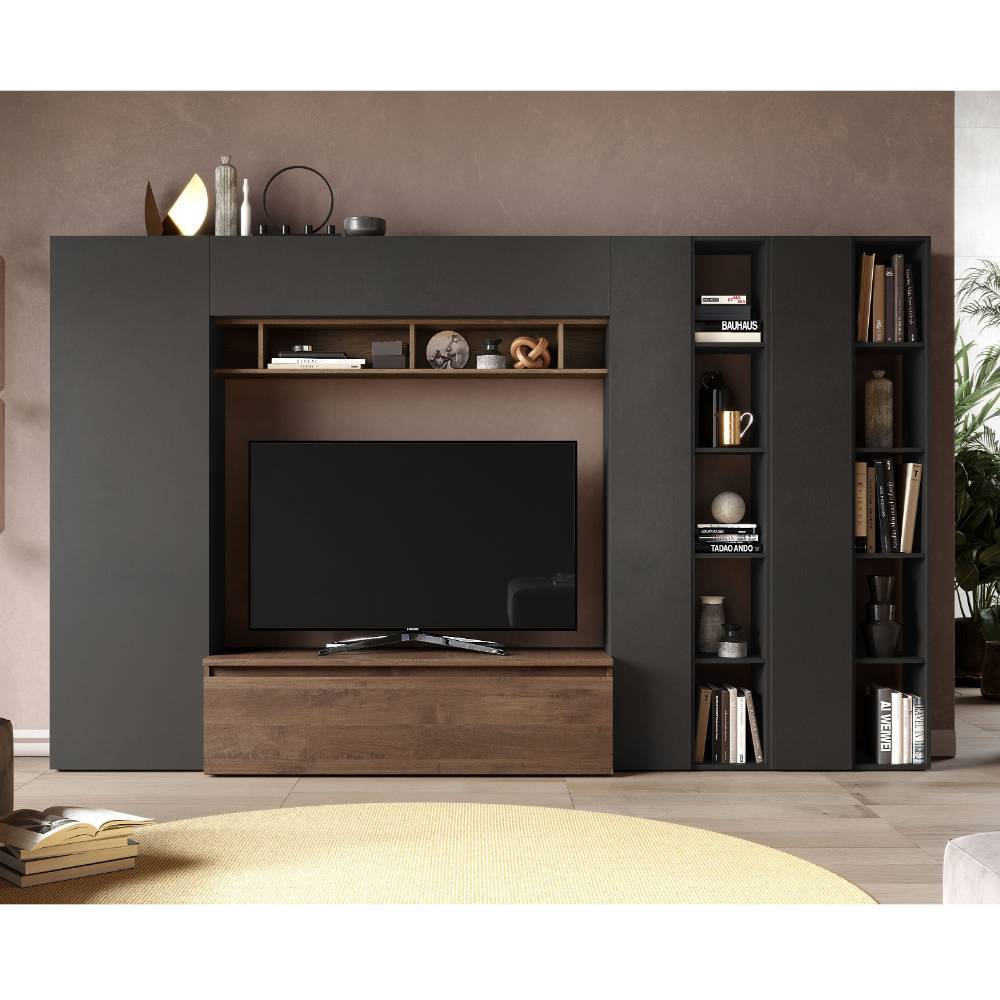 Wohnwand modern Vanillin in Schwarz matt 305 cm breit (achtteilig)