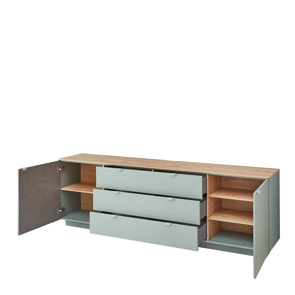 Wohnzimmer-Sideboard Ilussiana in Graugrün und Wildeichefarben