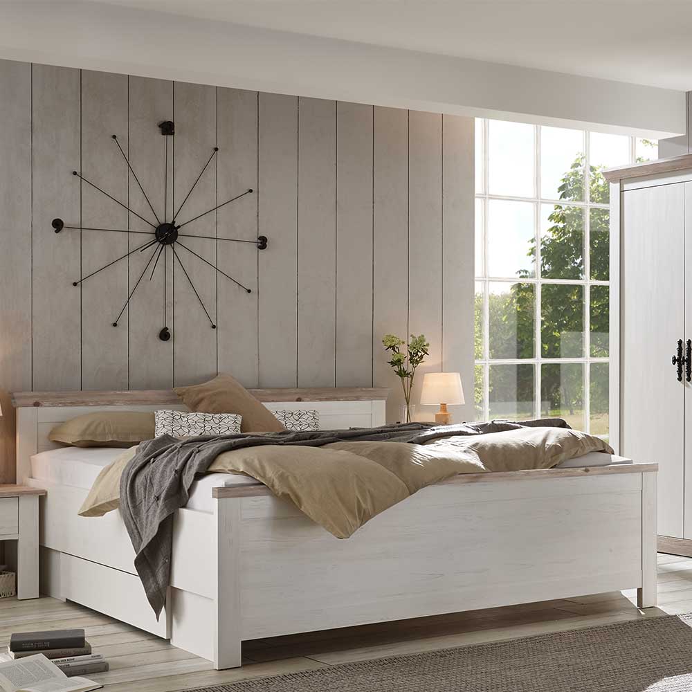 Landhausstil Bett Flurencina in Weiß und Kieferfarben