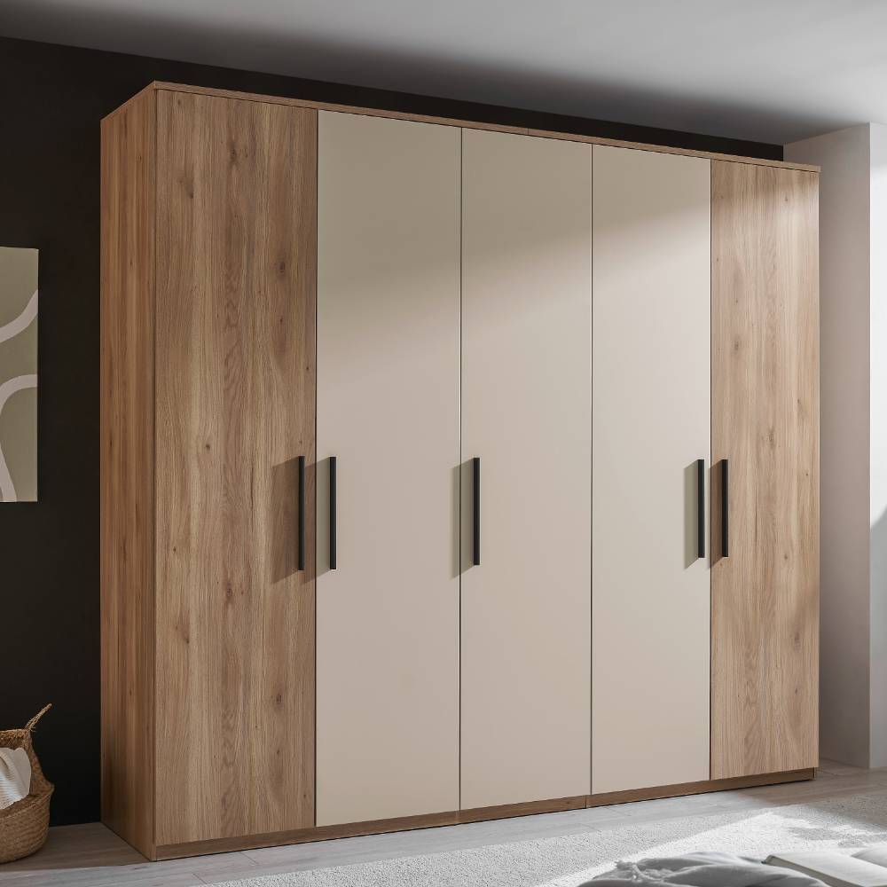 Drehtürenschrank Mero in Hellgrau und Holzoptik foliert