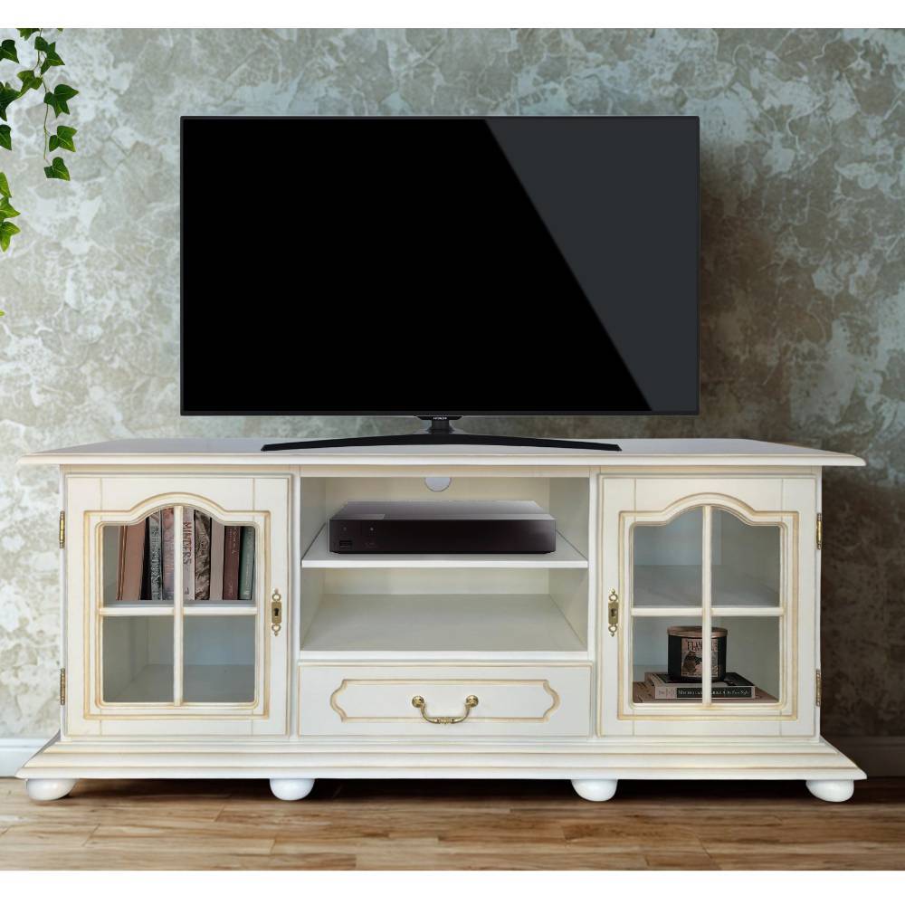 TV Lowboard Ewana in Antikweiß mit Glastüren