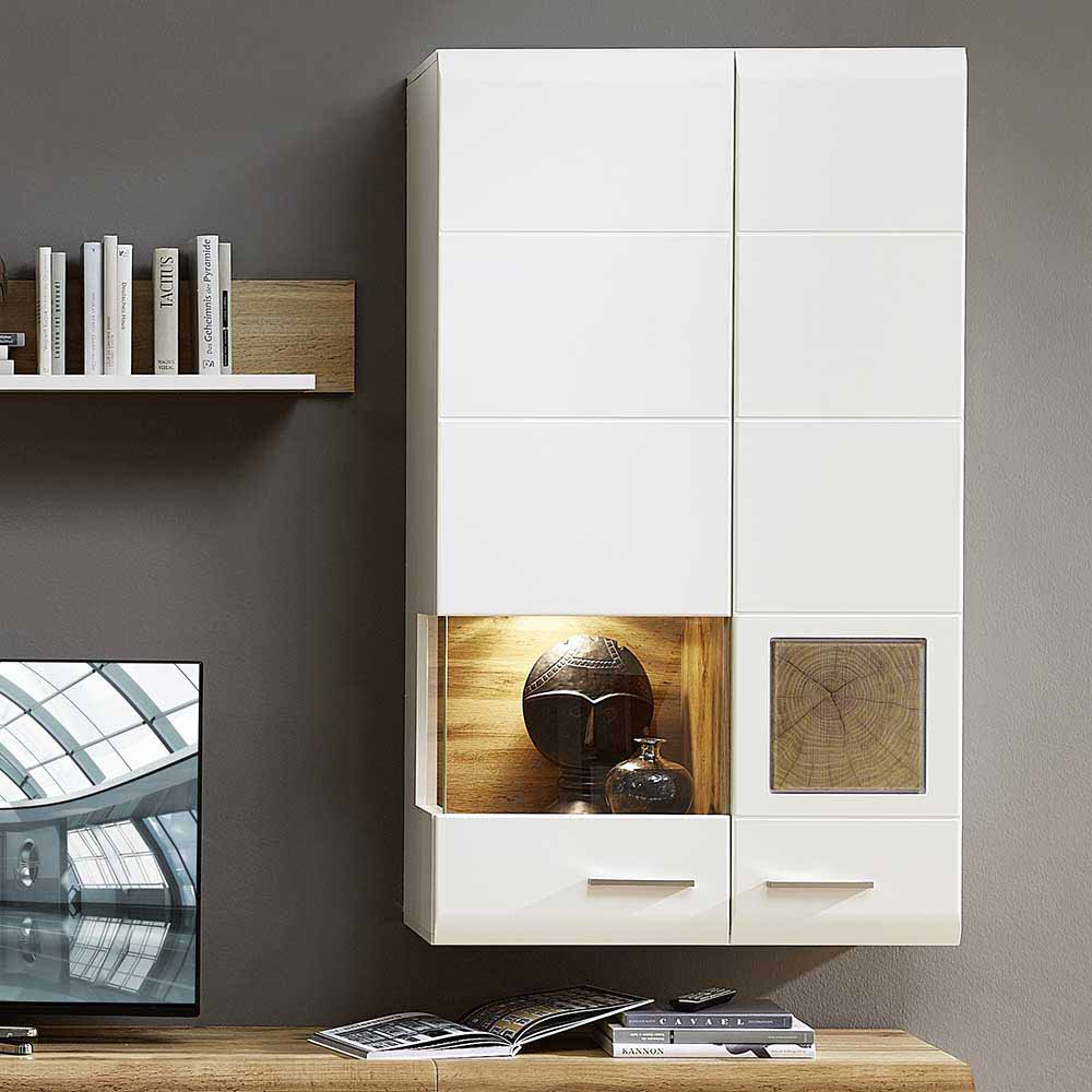 Wandvitrine Drucana in Weiß Holz Dekor mit LED Beleuchtung