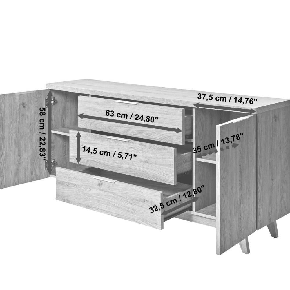Esszimmersideboard Satos mit drei Schubladen und Drehtüren