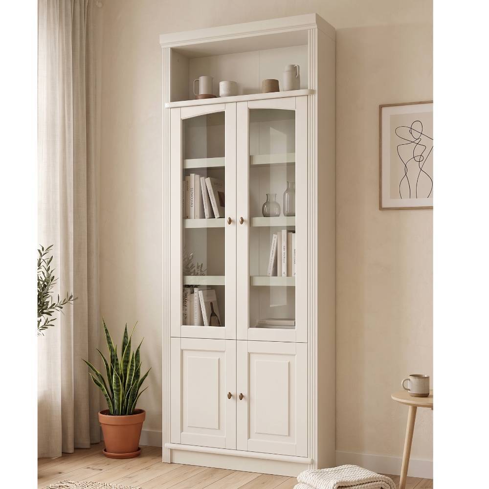 Bücher Vitrine Phil in Cremeweiß aus Kiefer Massivholz