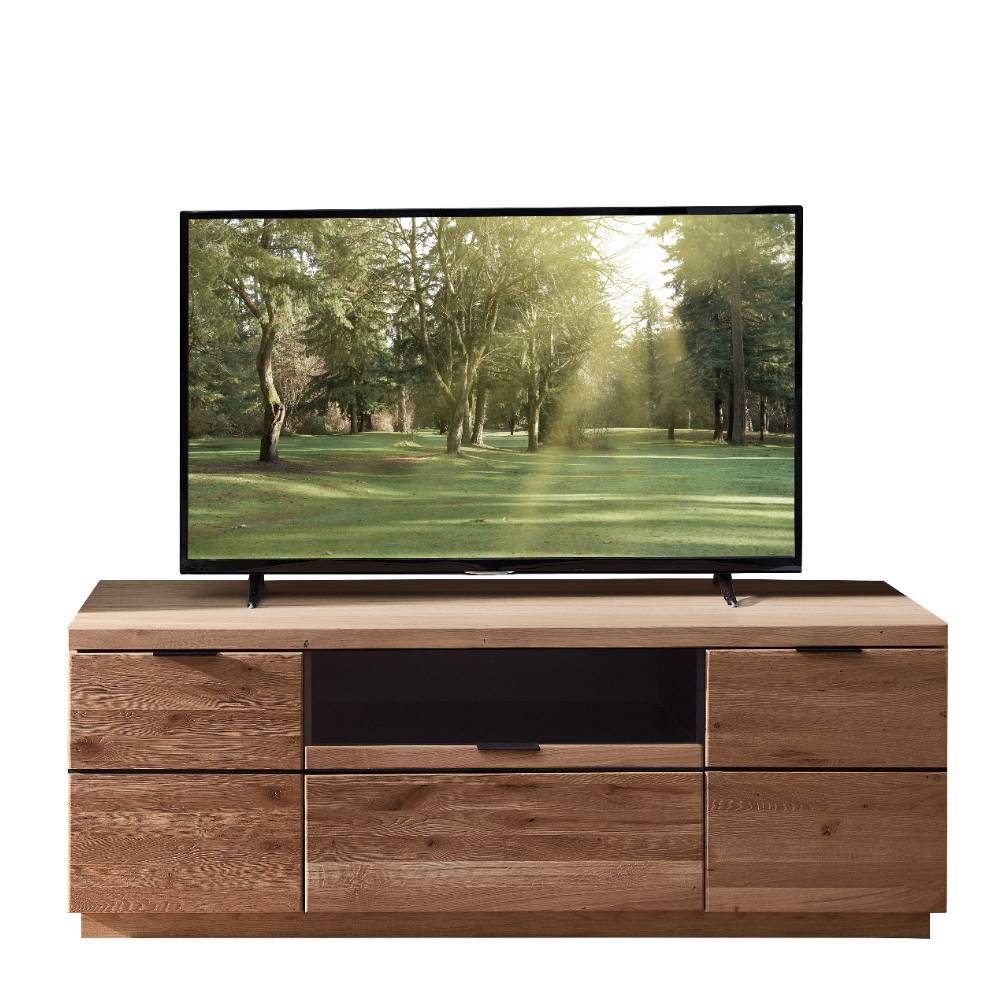 TV Lowboard Emly in Wildeiche Bianco mit einem offenen Gerätefach