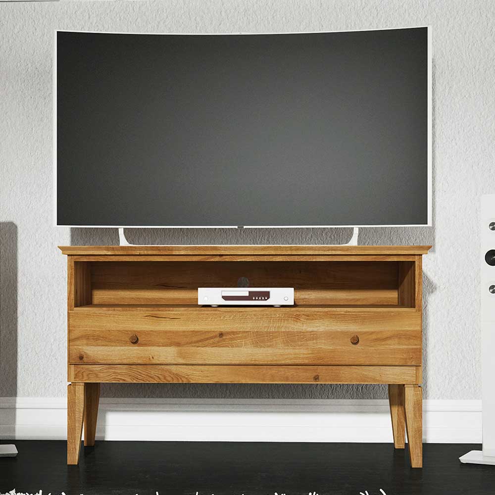 TV Tisch Tyvoria aus Wildeiche Massivholz mit Schublade