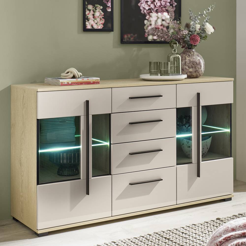 Wohnzimmer Kommode Helina mit Glastüren und vier Schubladen