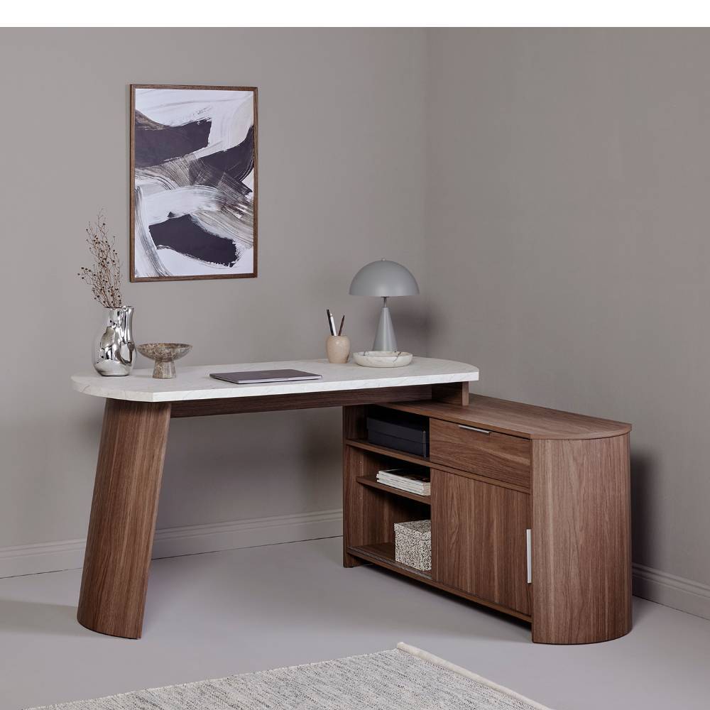 Designschreibtisch Yochana in Marmor Optik und Walnussfarben