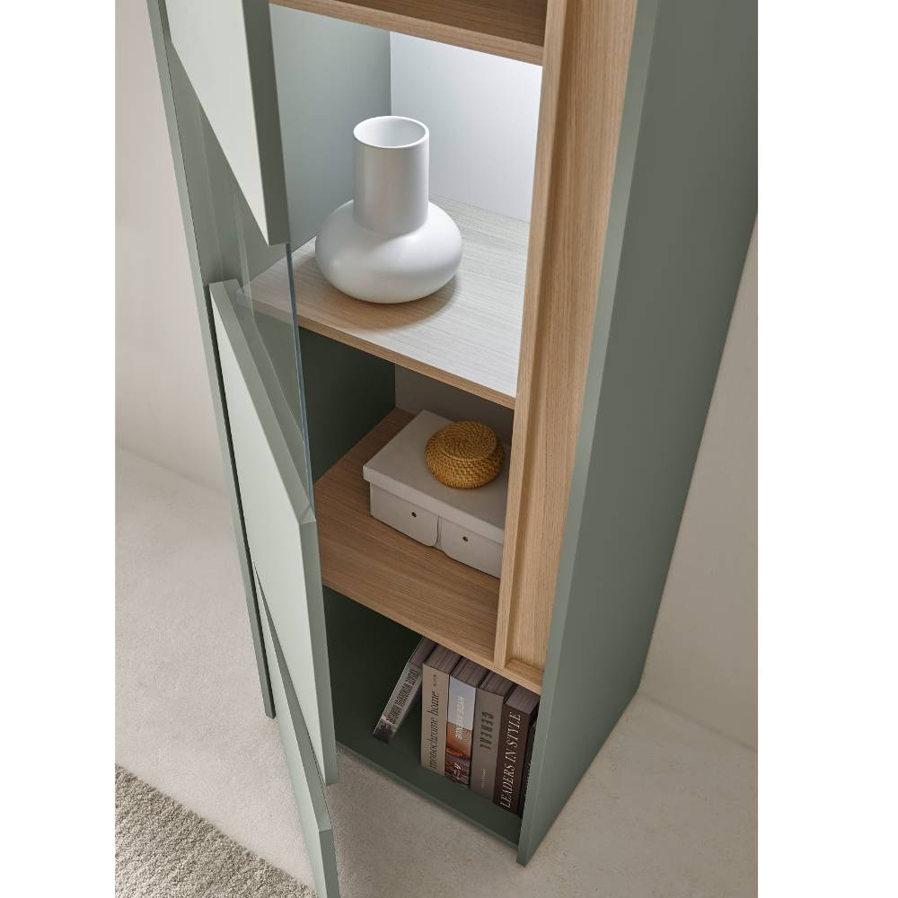 Wohnzimmerschrank modern Ulfava in Graugrün und Eichefarben