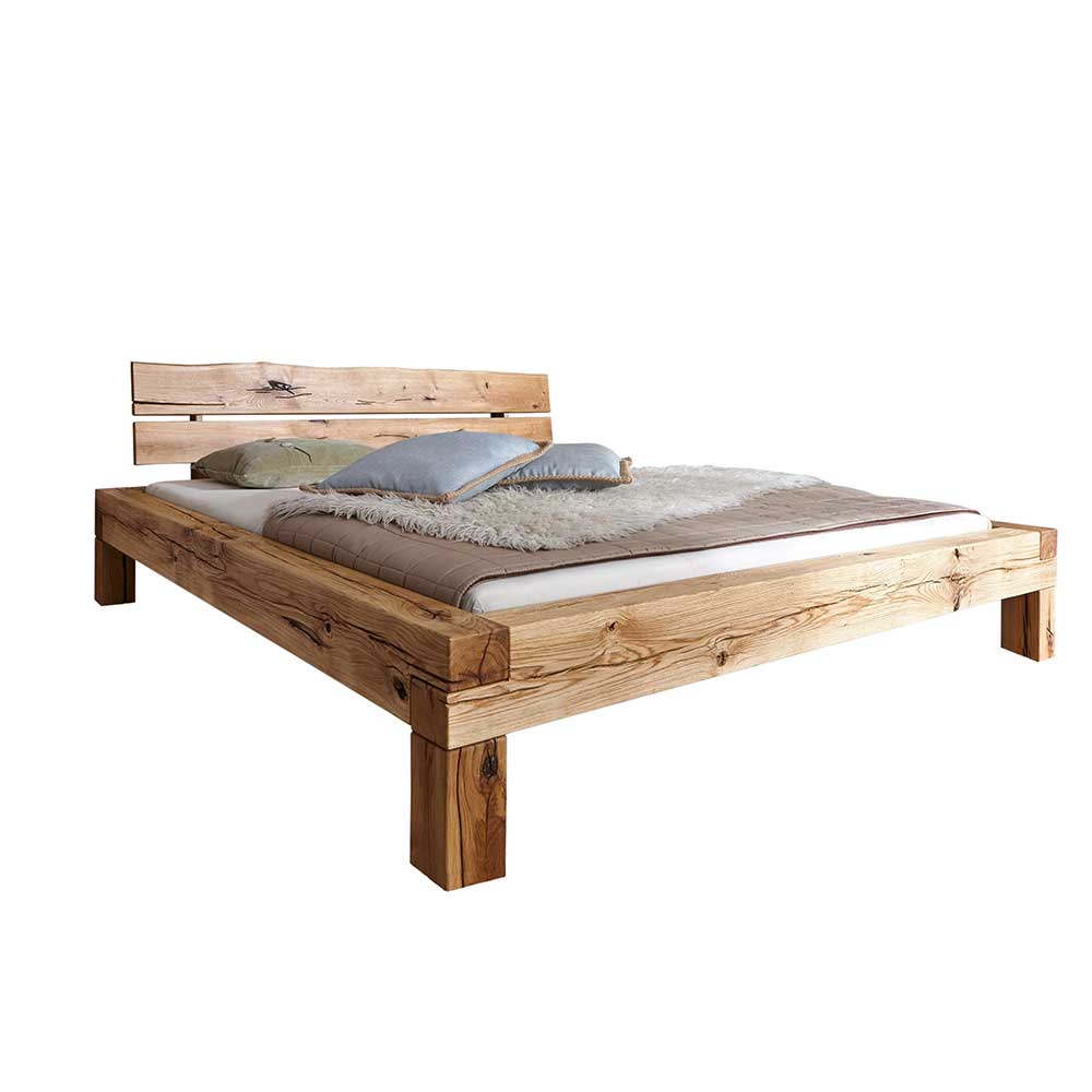 Breites Bett Calays aus Wildeiche Massivholz im rustikalen Landhausstil