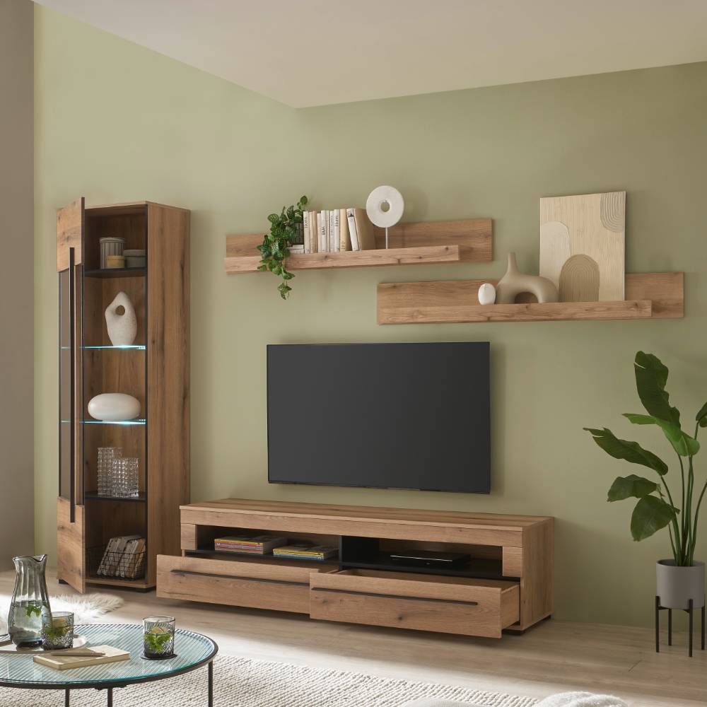 Wohnwand modern Cemutra in Eichefarben 200 cm hoch (vierteilig)