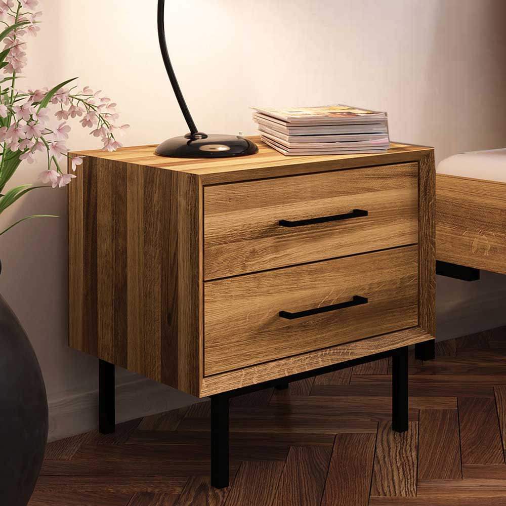Wildeiche Massivholzbett Yalley im Skandi Design mit Gestell aus Metall