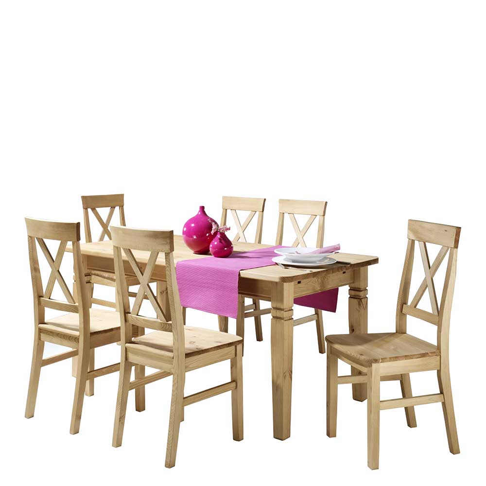 Esstisch mit Stühlen Devan aus Kiefer Massivholz Im Landhaus Design (siebenteilig)