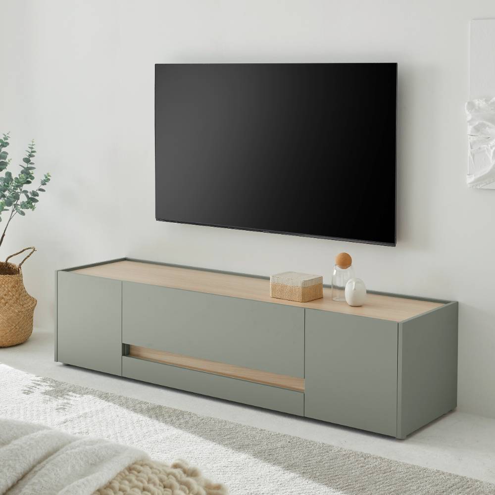 Wohnzimmer Anbauwand Ulfava in Graugrün und Eichefarben (vierteilig)