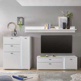Weiße Design Wohnwand Constantin mit LED Beleuchtung 125 cm hoch (dreiteilig) – Ansicht 3