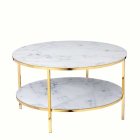 Retro Beistelltisch Epiros in Weiß marmoriert und Goldfarben mit Glasplatten – Ansicht 1