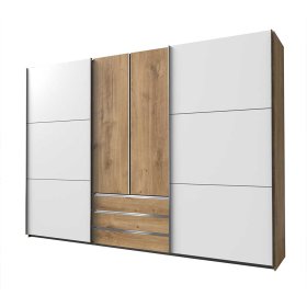Großer Schlafzimmerschrank Gizmeal in Weiß und Plankeneiche Holzoptik – Ansicht 1
