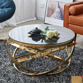 Moderner Design Couchtisch Vivien in Goldfarben mit grauer Glasplatte – Ansicht 2